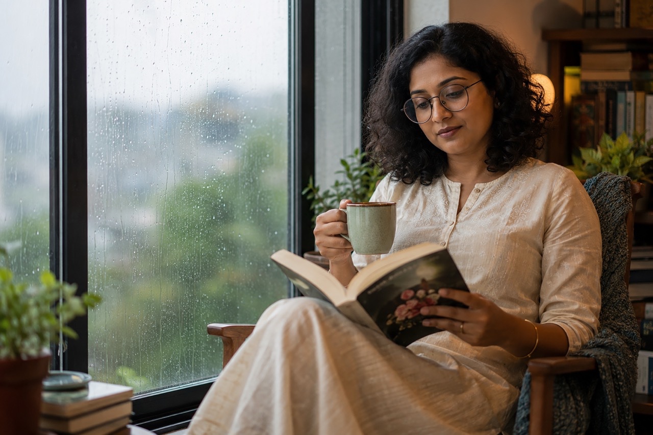 Young Woman Reading Book with Coffee by Rainy Window | Royalty-Free image | Pixlaris