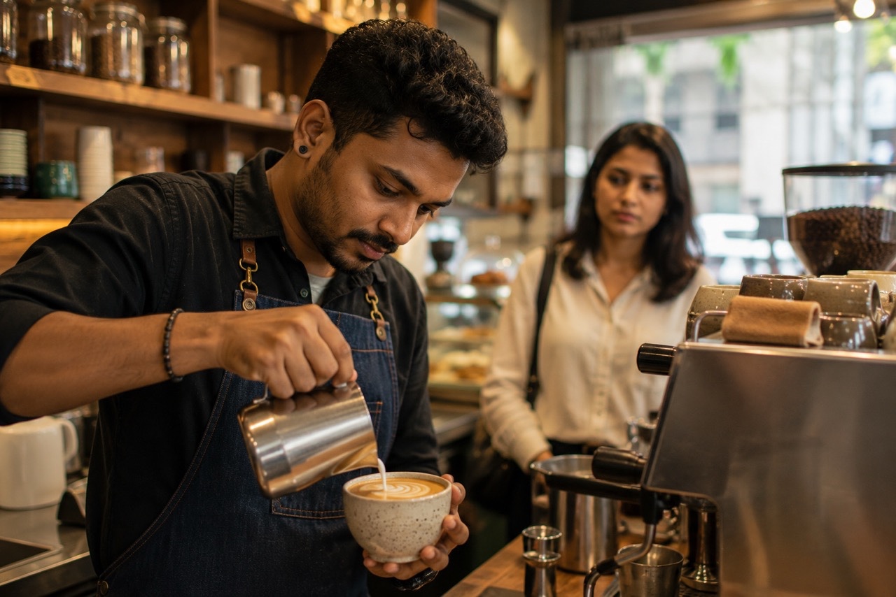 Barista Preparing Latte Art for Customer in Coffee Shop | Royalty-Free image | Pixlaris