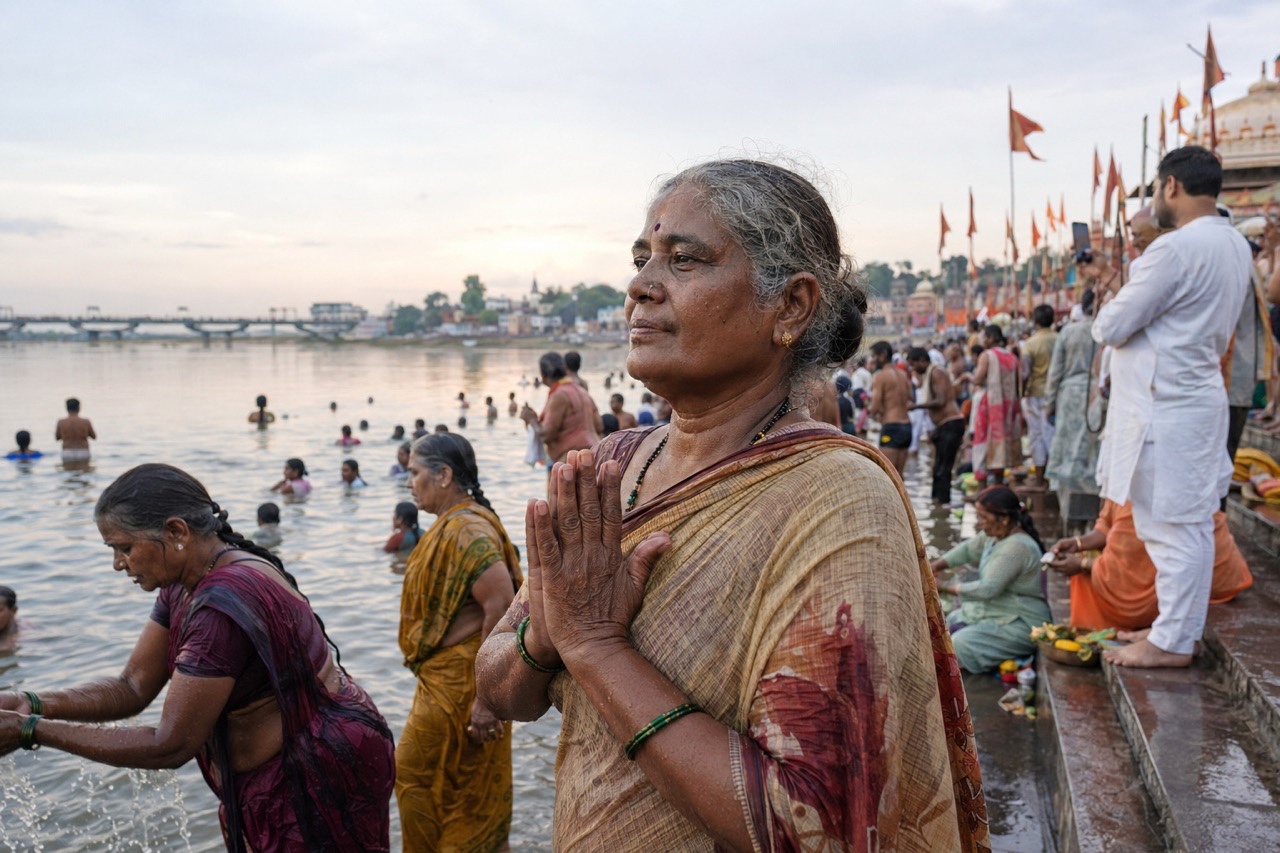 Elderly Devotee Praying at River Ghat During Pilgrimage | Royalty-Free image | Pixlaris