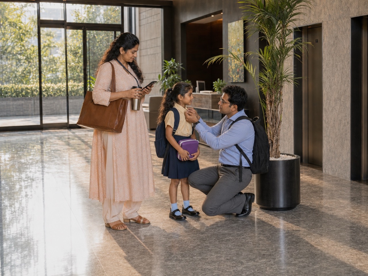 Father Adjusting Daughter's Uniform in Apartment Lobby | Royalty-Free image | Pixlaris
