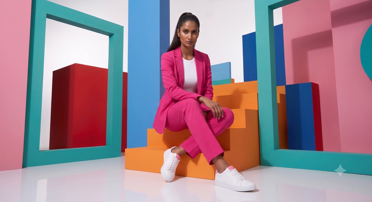 Indian Model in Pink Suit Sitting on Orange Studio Stairs | Royalty-Free image | Pixlaris