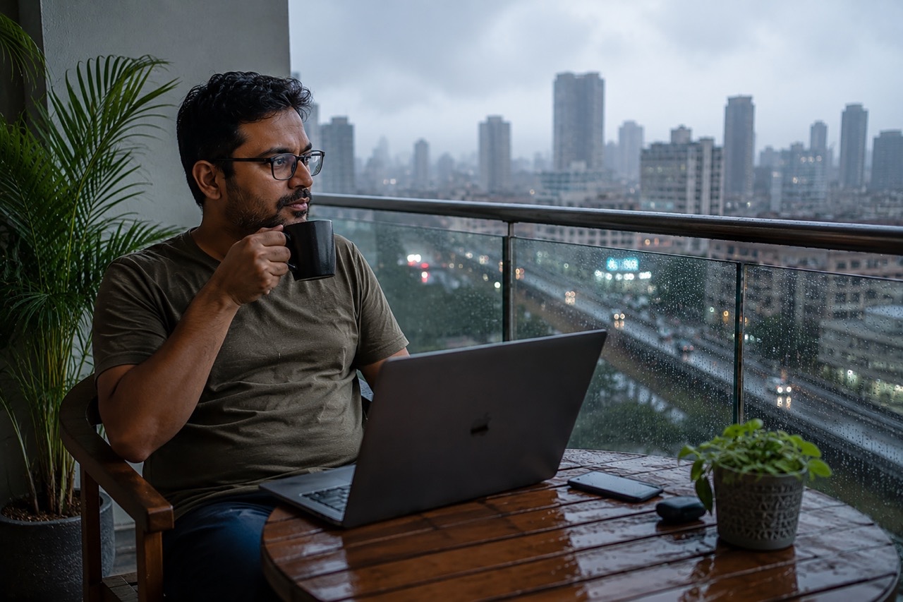 Indian Man Working on Laptop with Coffee on Rainy Balcony Overlooking Urban Skyline Large