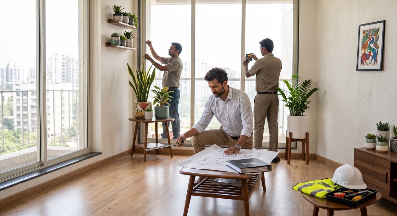 Indian Civil Engineer Conducting Apartment Handover Inspection with Construction Team Large