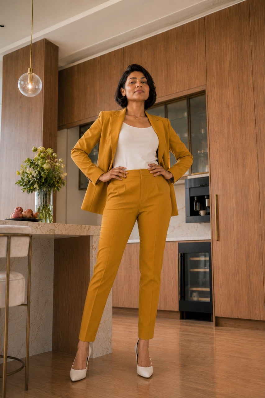 Confident Indian Businesswoman in Mustard Suit Standing in Luxury Kitchen | Royalty-Free image | Pixlaris