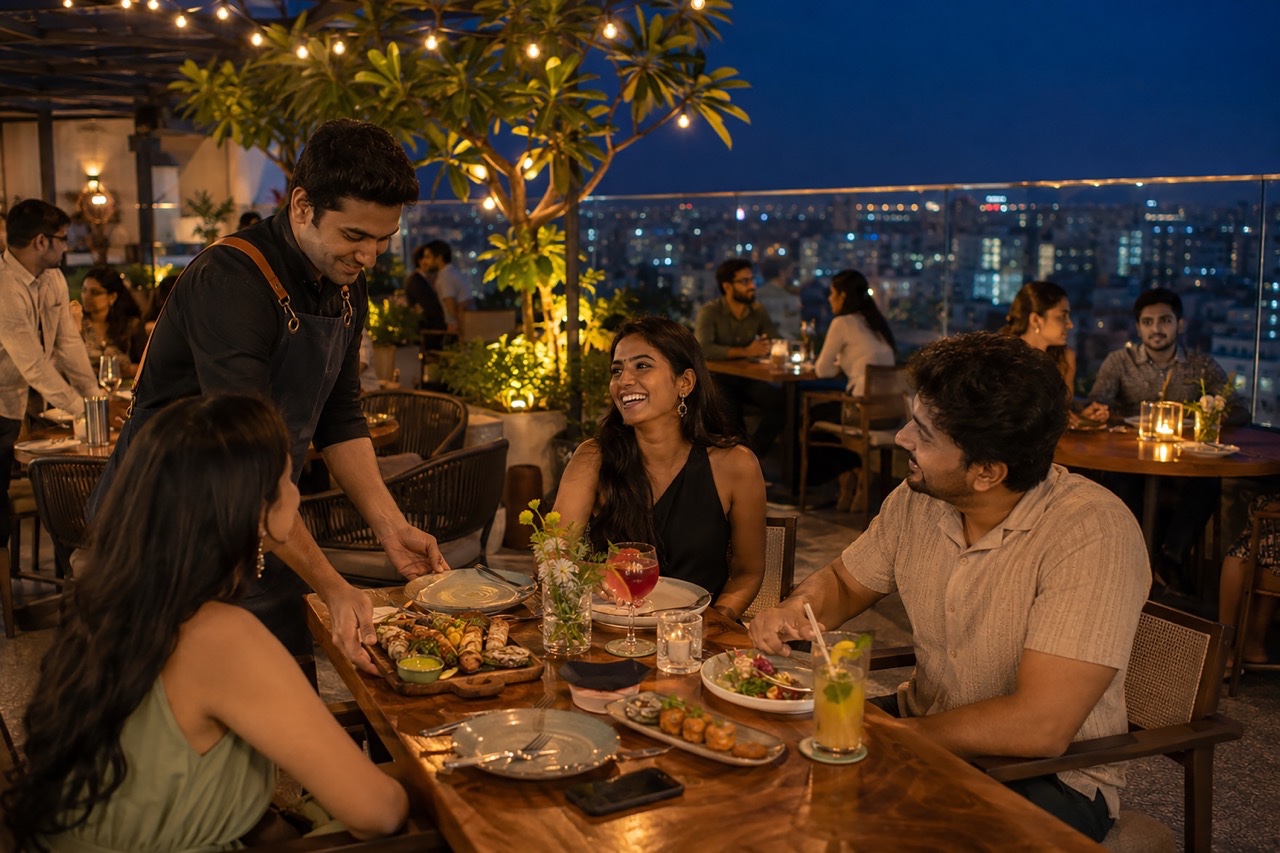 Friends Enjoying Dinner at Luxury Rooftop Restaurant | Royalty-Free image | Pixlaris
