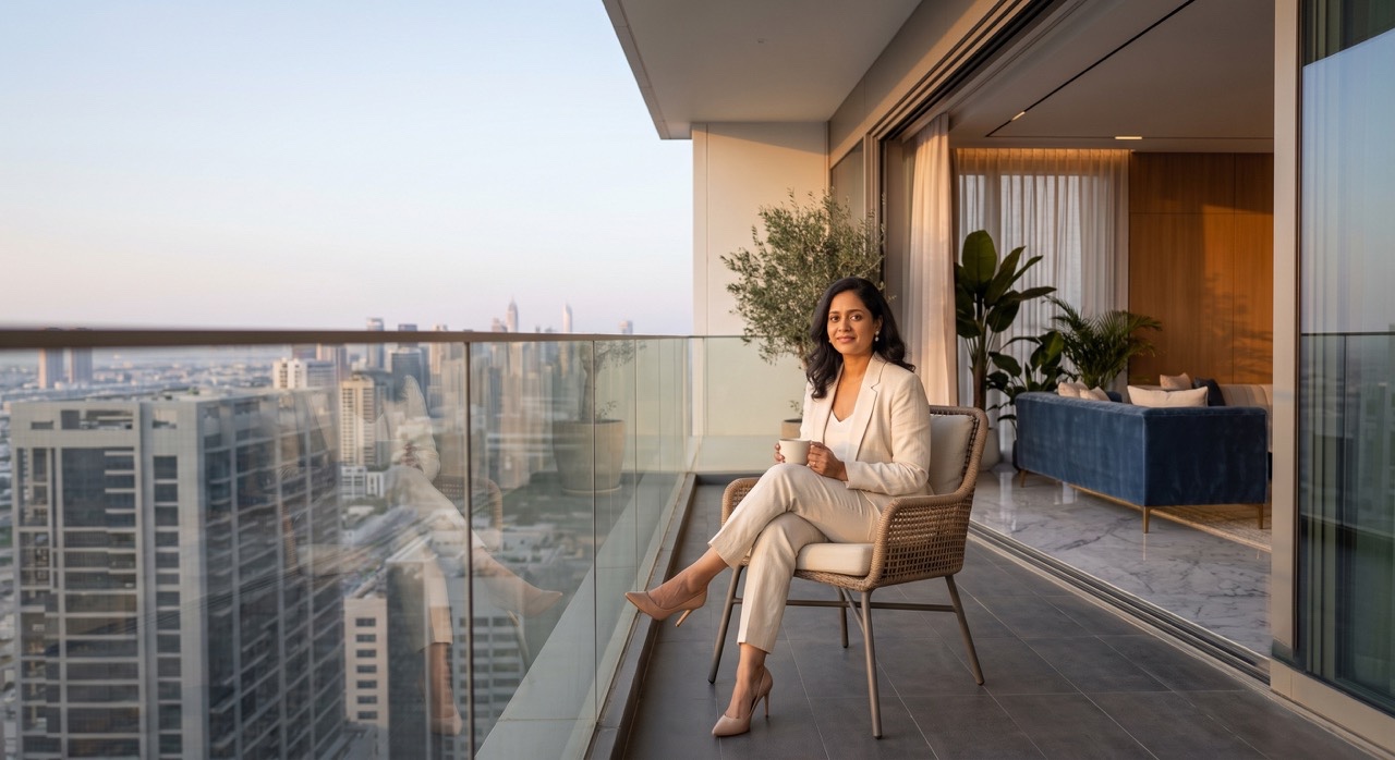 Indian Woman Relaxing with Coffee on Luxury Apartment Terrace Chair | Royalty-Free image | Pixlaris