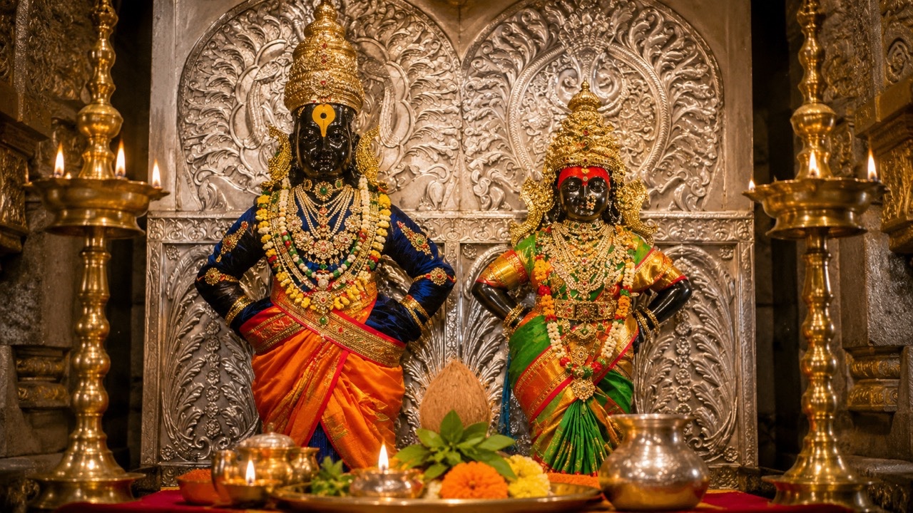 Vitthal Rukmini Idols Decorated with Garlands and Lamps | Royalty-Free image | Pixlaris