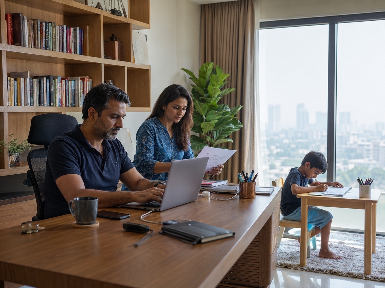 Parents Working From Home While Child Studies Nearby | Royalty-Free image | Pixlaris