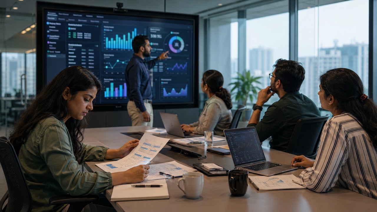 Indian Business Intelligence Team Reviewing Analytics Dashboard During Corporate Strategy Meeting  Large