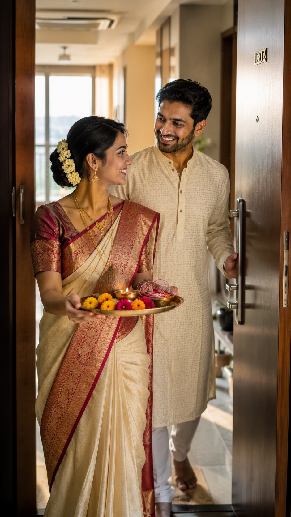 Indian Married Couple Leaving Home with Traditional Puja Thali for Vat Purnima Festival