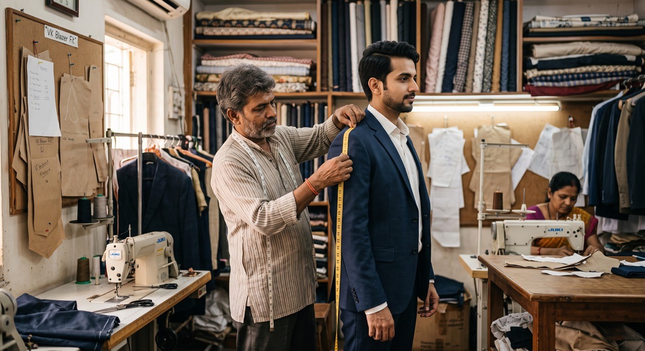 Indian Tailor Measuring Business Suit in Custom Clothing Workshop