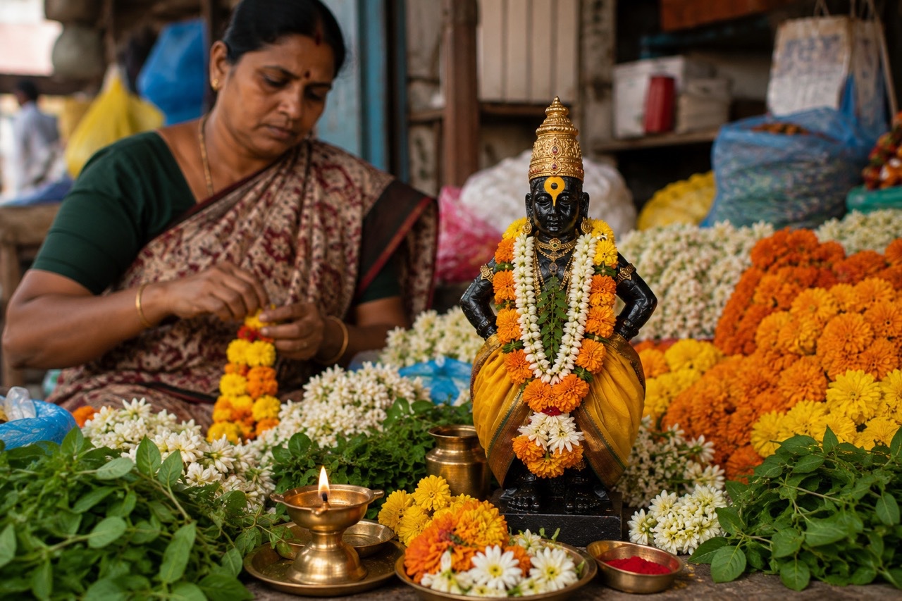 Lord Vitthal Idol Decorated at Traditional Flower Market | Royalty-Free image | Pixlaris