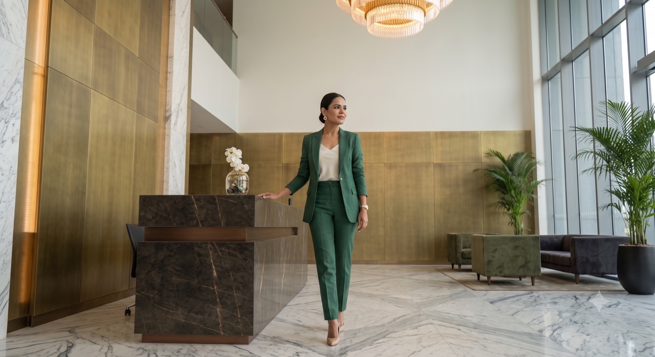 Businesswoman Walking Past Luxury Reception Desk | Royalty-Free image | Pixlaris