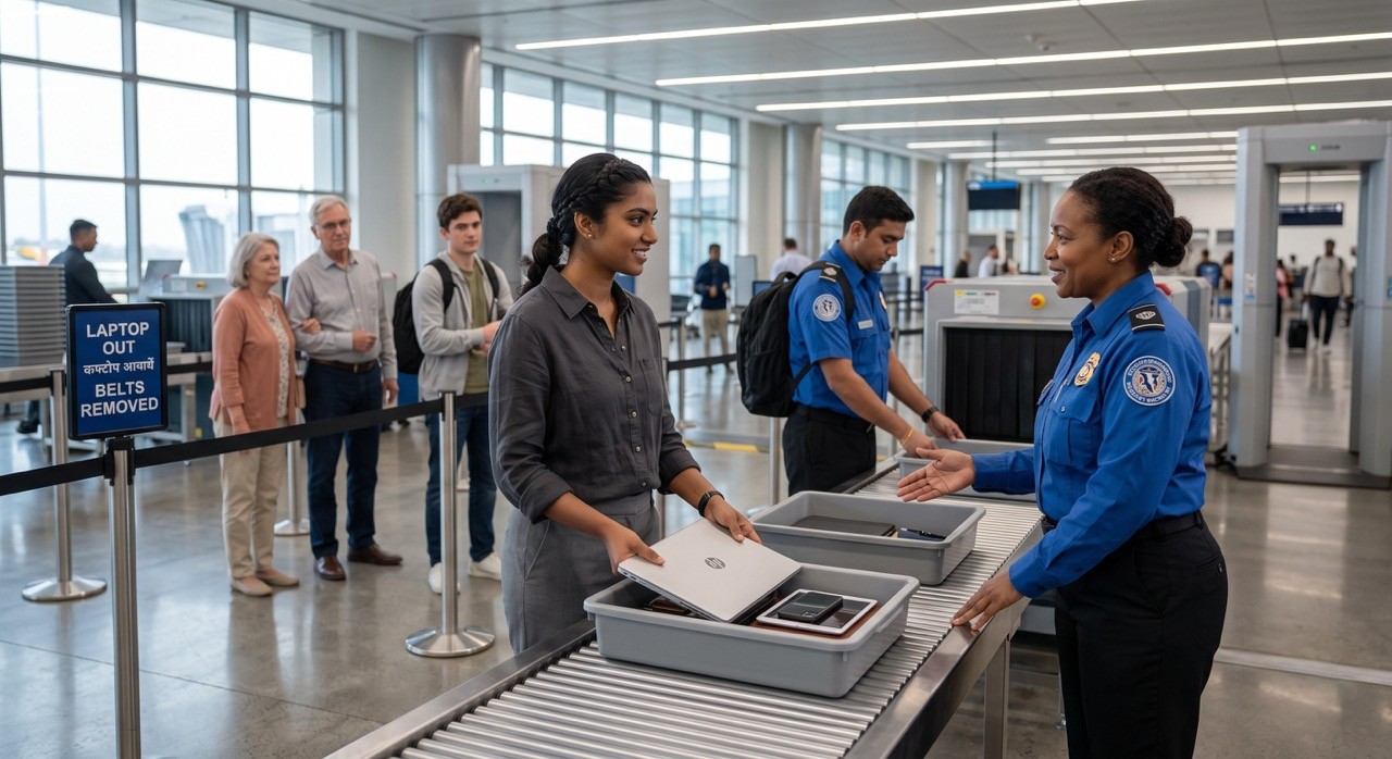 Airport Security Checkpoint with Laptop Screening Passenger