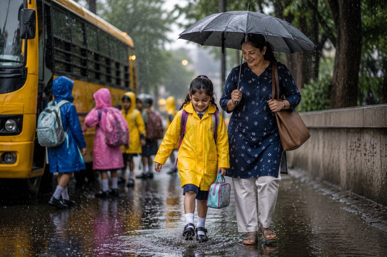 Mother Walking Schoolgirl Through Rain Near School Bus | Royalty-Free image | Pixlaris