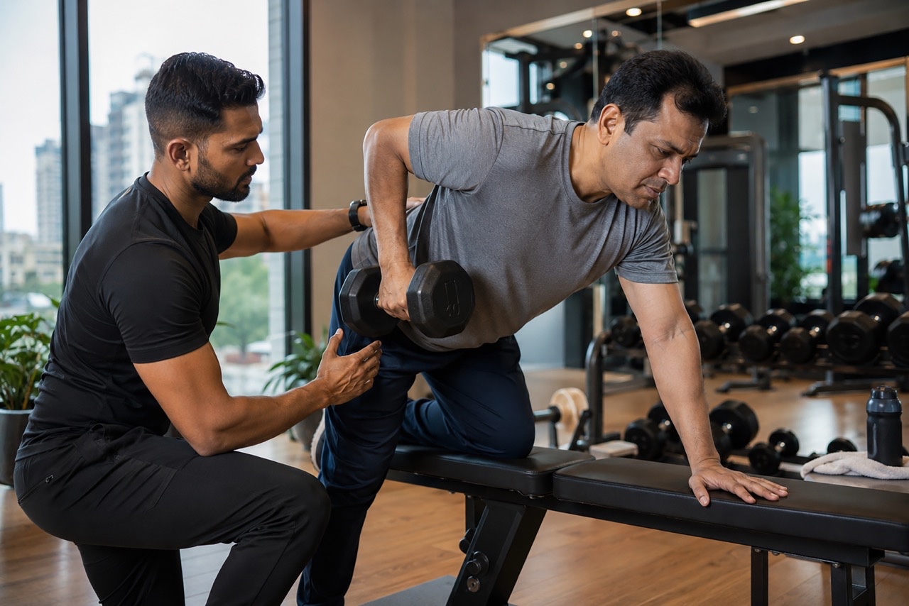 Fitness Coach Guiding Proper Single Arm Row Exercise in Premium Gym | Royalty-Free image | Pixlaris