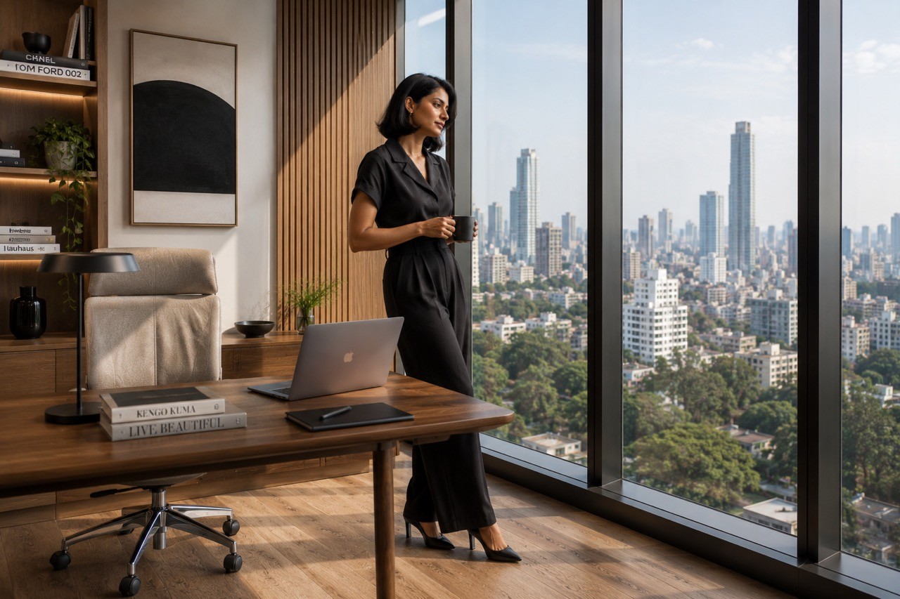 Professional Businesswoman in Luxury Executive Office Video Meeting