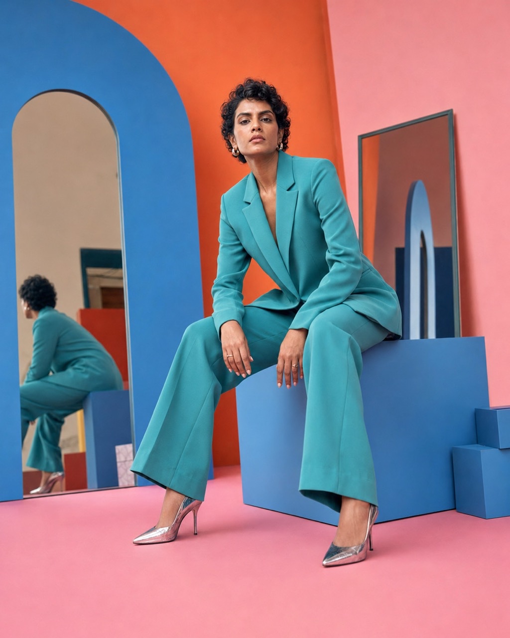 Seated Woman in Turquoise Suit on Blue Studio Blocks | Royalty-Free image | Pixlaris
