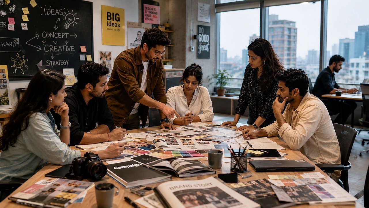 Indian Creative Team Collaborating on Brand Strategy and Marketing Campaign in Modern Office Large