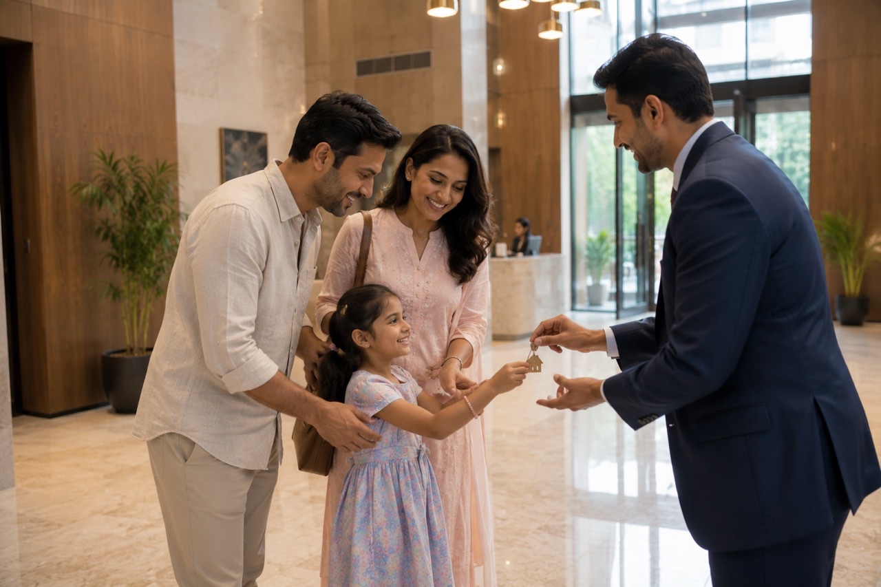 Real Estate Agent Handing Keys to Indian Family in Luxury Lobby | Royalty-Free image | Pixlaris