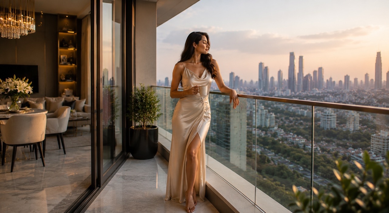 Elegant Woman Looking at Sunset From Luxury Apartment | Royalty-Free image | Pixlaris