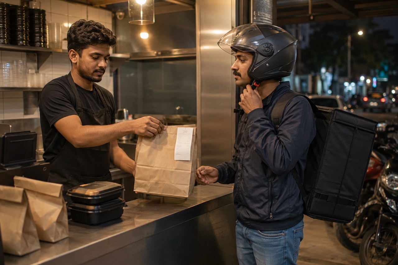 Food Delivery Rider Collecting Restaurant Order | Royalty-Free image | Pixlaris