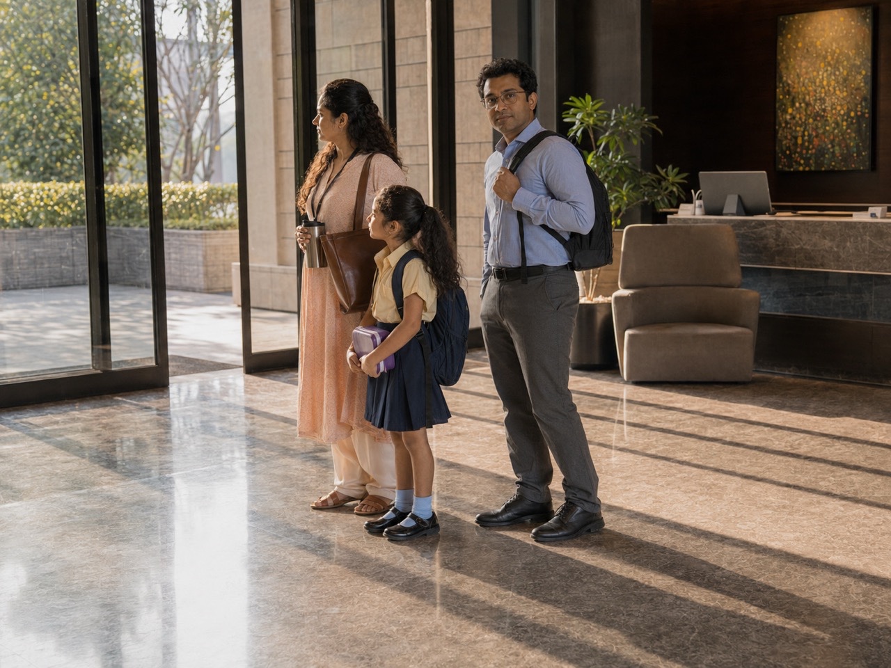 Parents and Daughter Waiting in Modern Residential Lobby | Royalty-Free image | Pixlaris