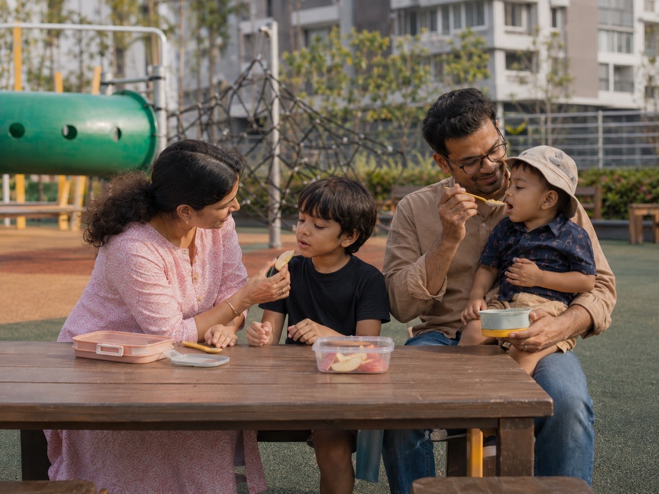 Parents Feeding Children Snacks at Playground Table | Royalty-Free image | Pixlaris