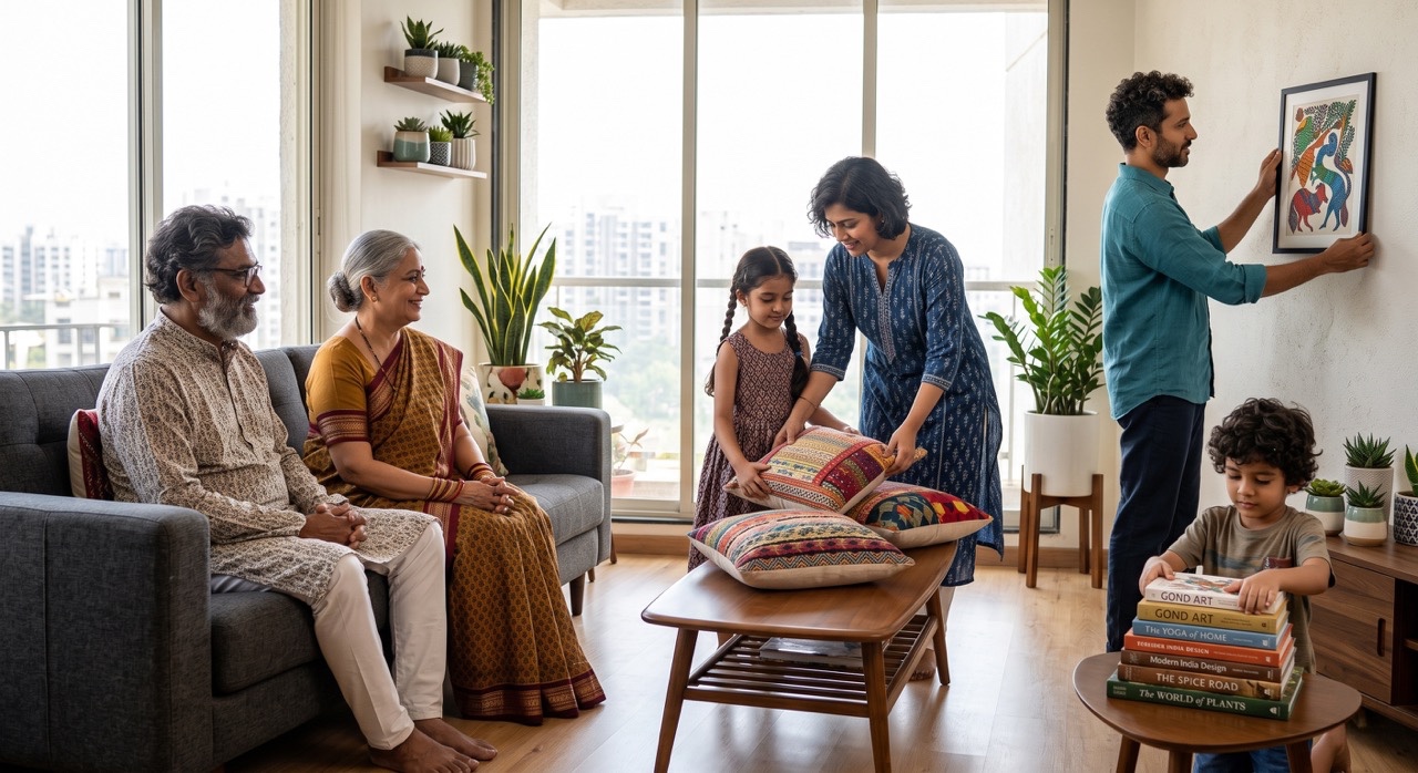Indian Family Decorating Modern Living Room with Traditional Handmade Home Decor Together Large