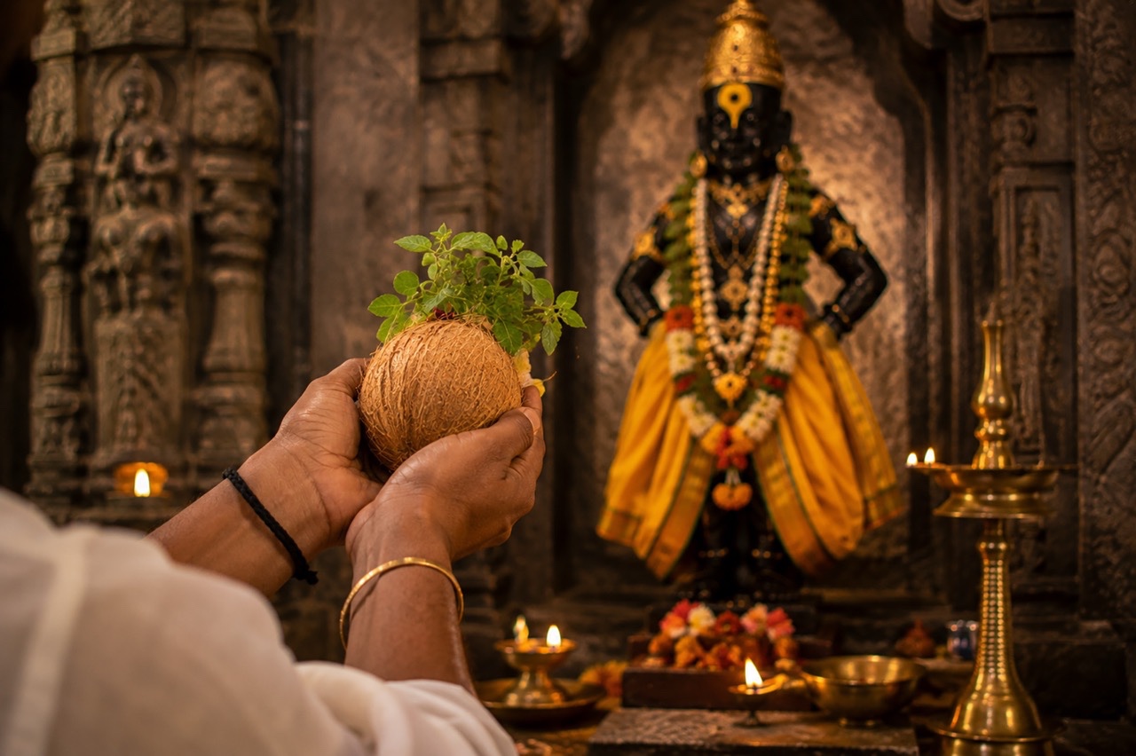 Devotee Offering Sacred Kalash Before Lord Vitthal Idol | Royalty-Free image | Pixlaris