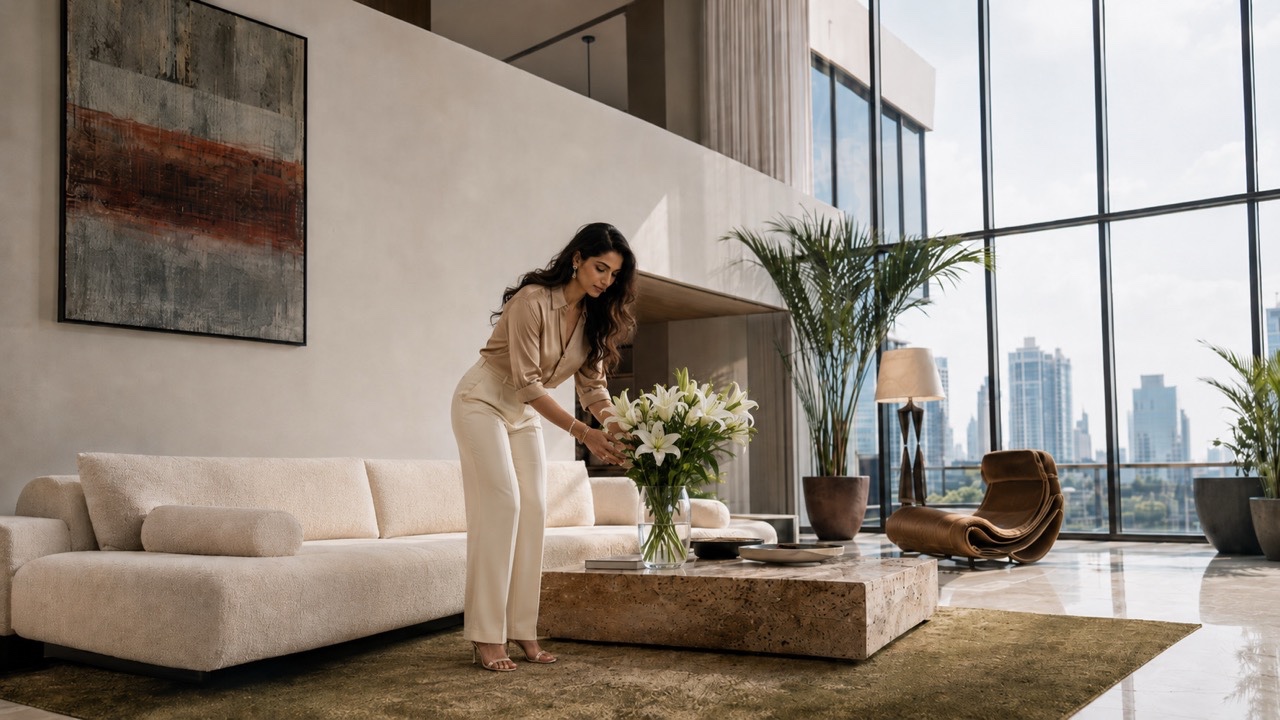 Elegant Woman Writing in Notebook in Luxury High-Rise Living Room | Royalty-Free image | Pixlaris