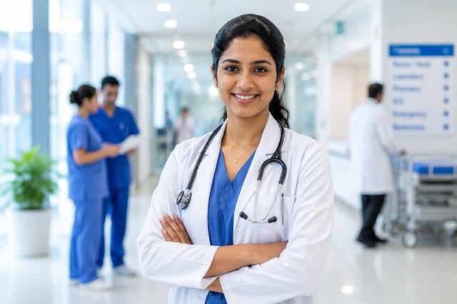 Confident Indian Female Doctor Standing in Modern Hospital Corridor