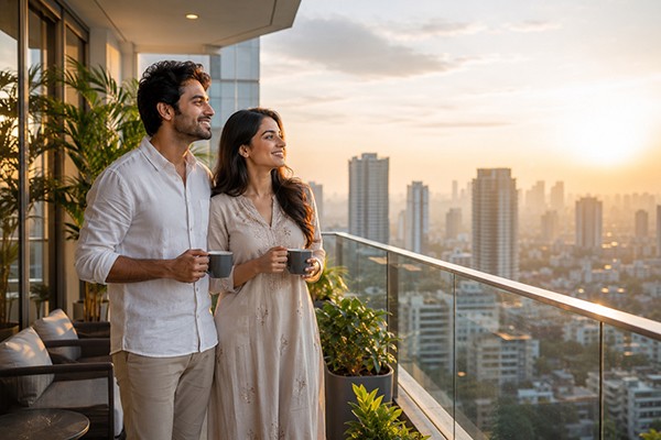 Young Indian Couple Enjoying Morning Coffee on Luxury Apartment Balcony with City Skyline