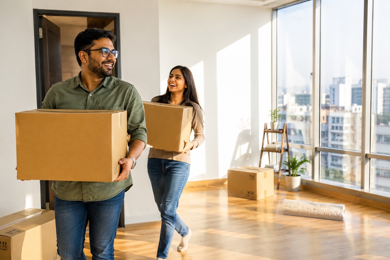 Young Indian Couple Moving into New Apartment with Cardboard Boxes  Large