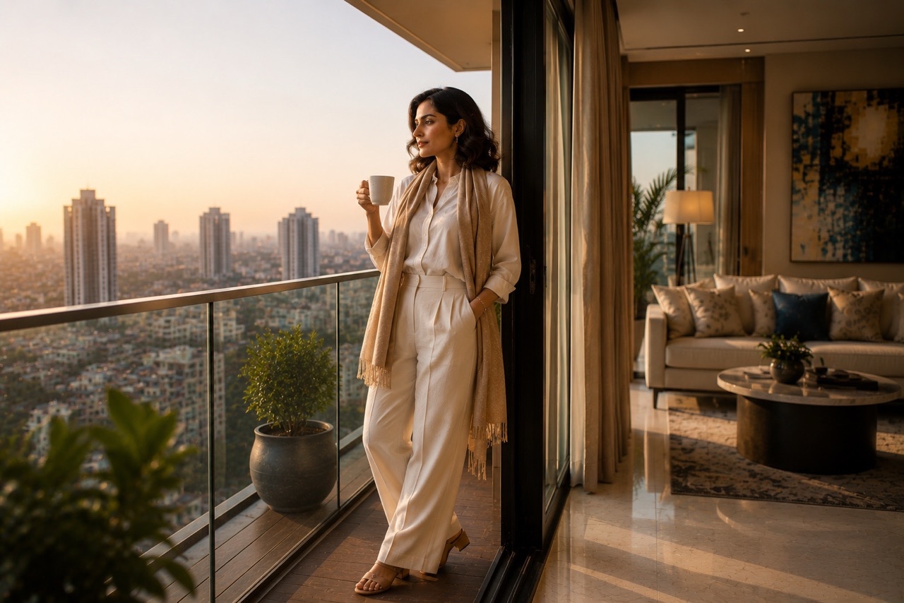 Elegant Woman Reading Magazine With Coffee on Sunset Balcony | Royalty-Free image | Pixlaris