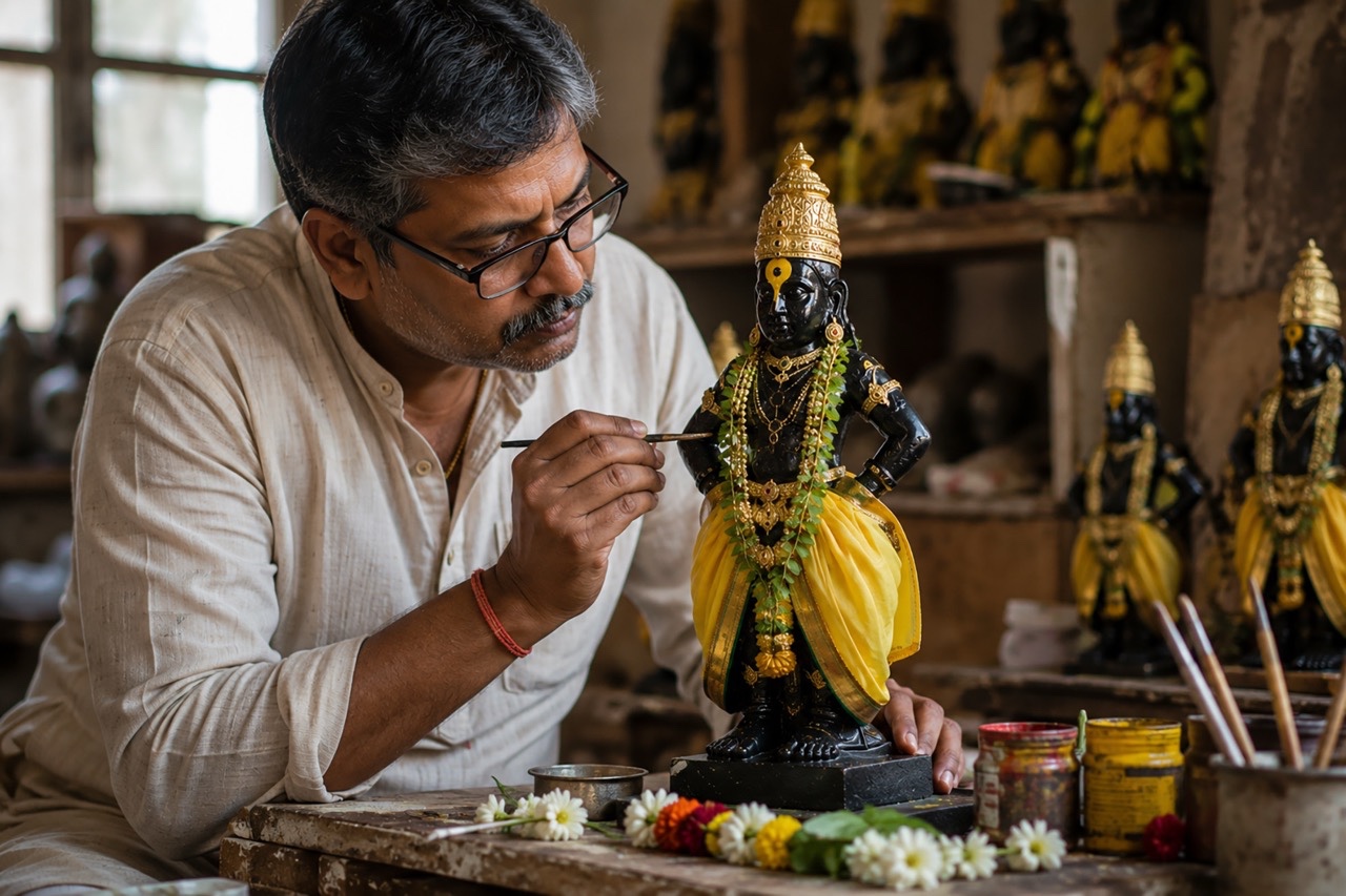 Indian Artisan Painting Lord Vitthal Idol in Traditional Workshop | Royalty-Free image | Pixlaris