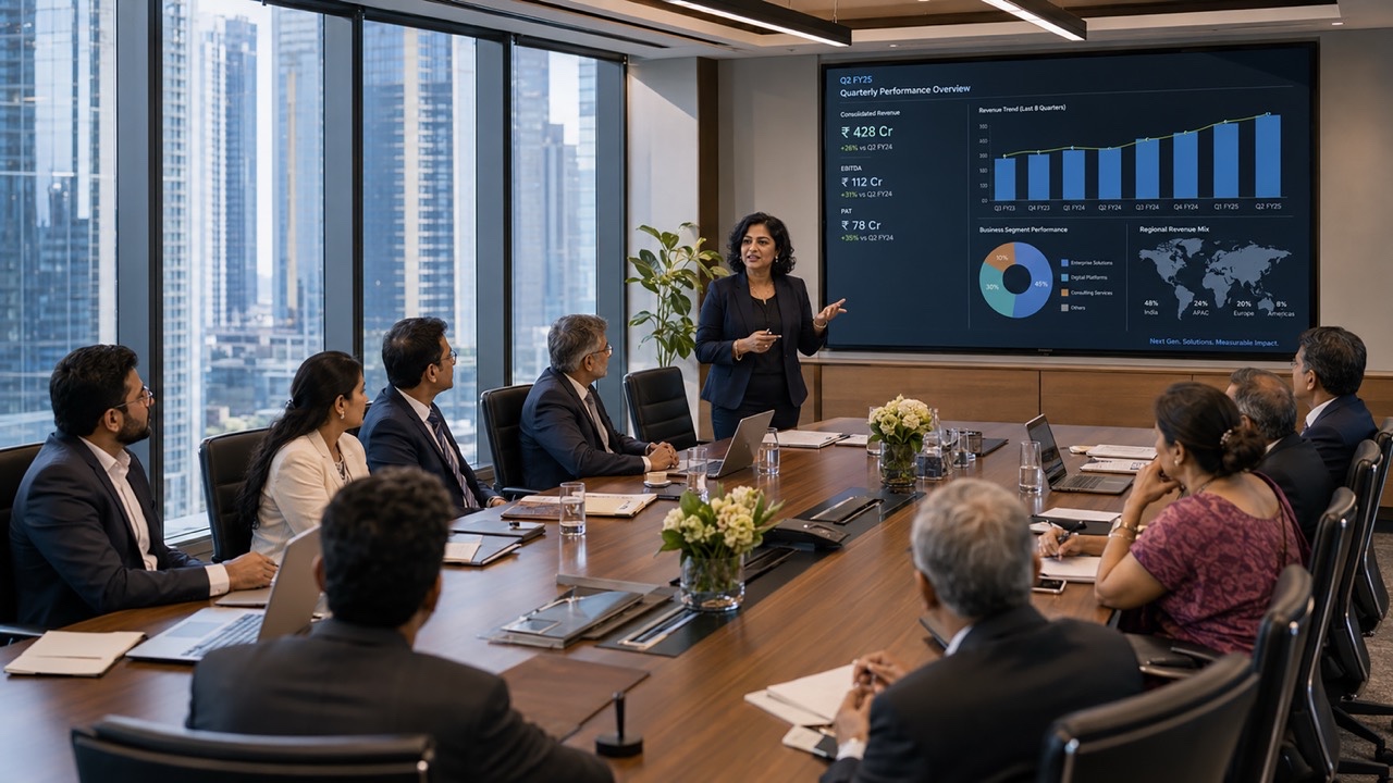 Indian Business Executive Presenting Quarterly Performance Report to Corporate Boardroom Large