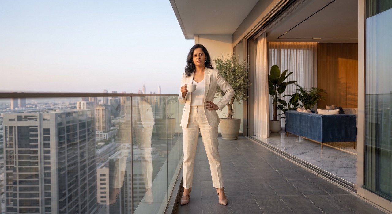Confident Indian Businesswoman Standing on Luxury Balcony with Coffee | Royalty-Free image | Pixlaris