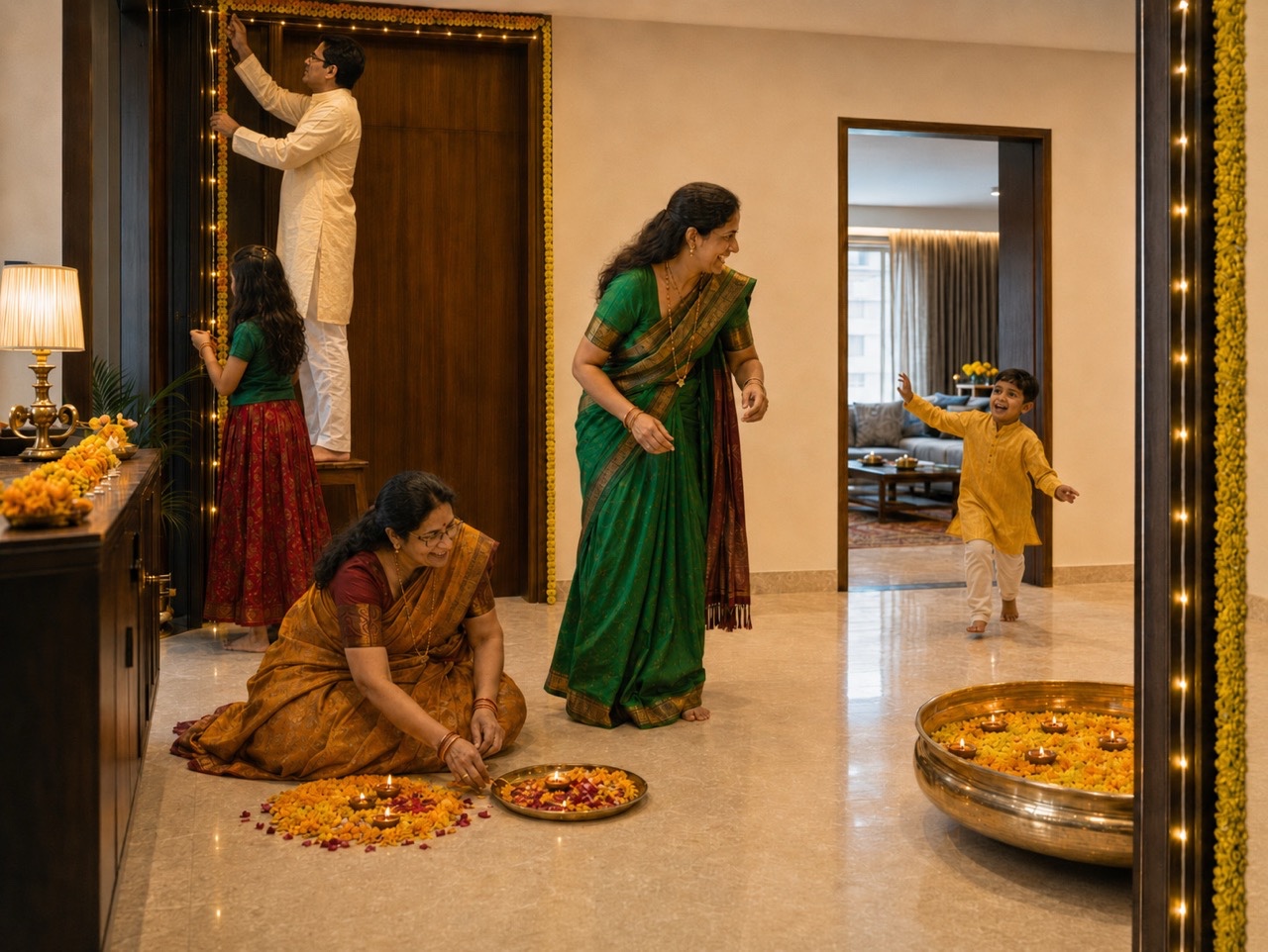 Maharashtrian Family Decorating Luxury Apartment Entrance | Royalty-Free image | Pixlaris