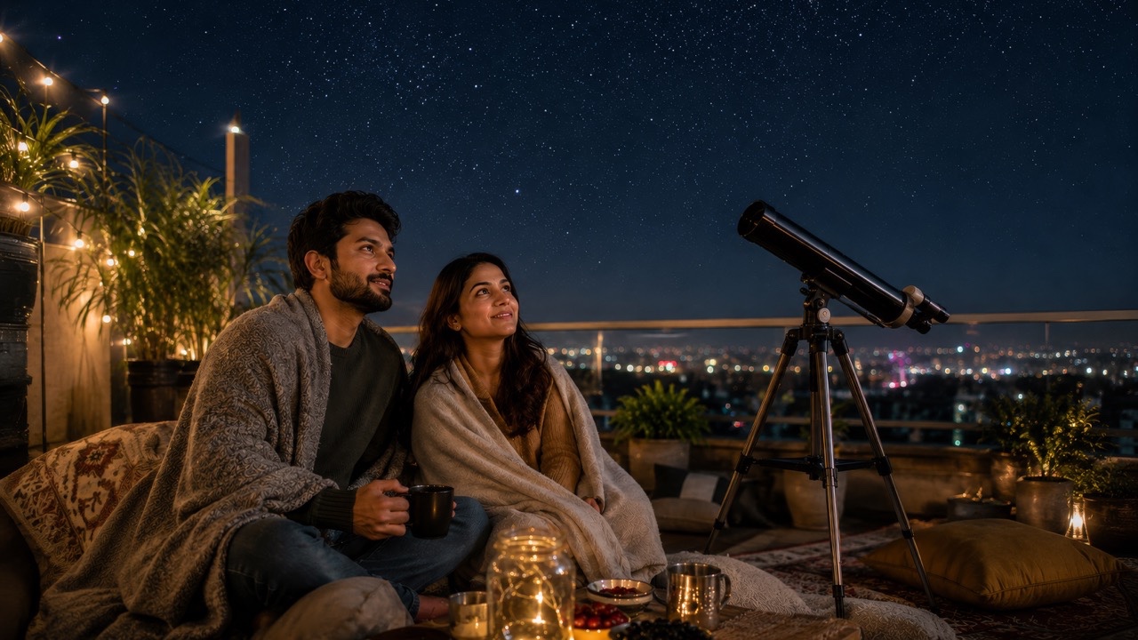 Indian Couple Stargazing with Telescope on Rooftop Terrace During Peaceful Night  Large