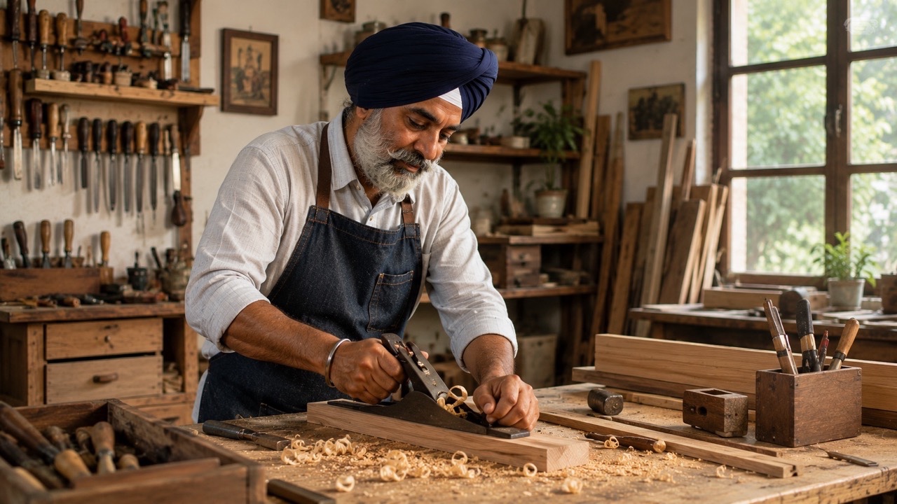 Skilled Sikh Carpenter Crafting Wood Furniture in Traditional Workshop