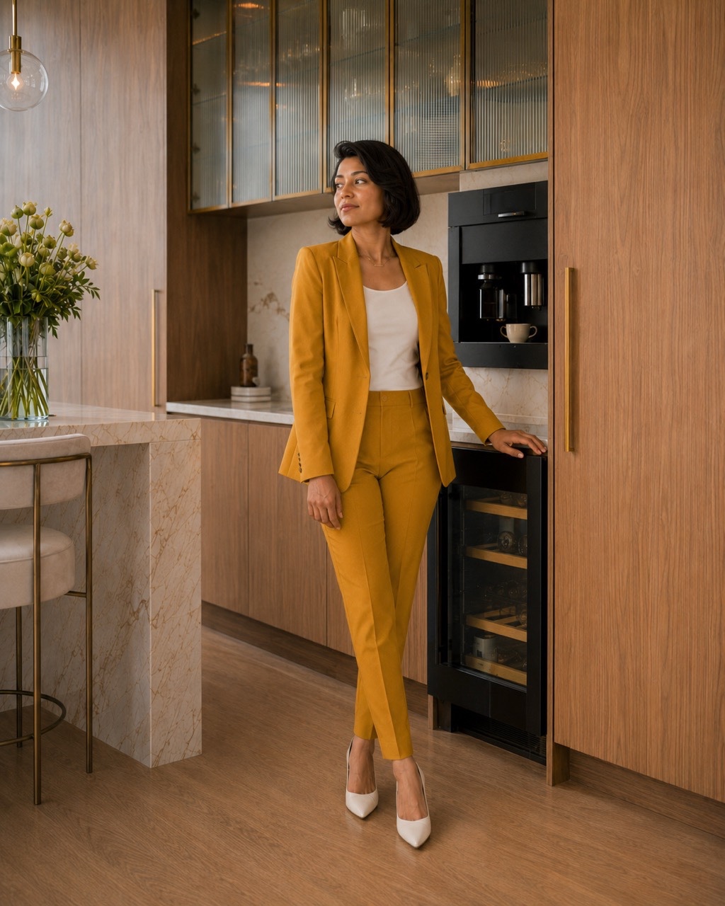 Stylish Indian Woman in Mustard Suit Leaning Near Kitchen Cabinet | Royalty-Free image | Pixlaris