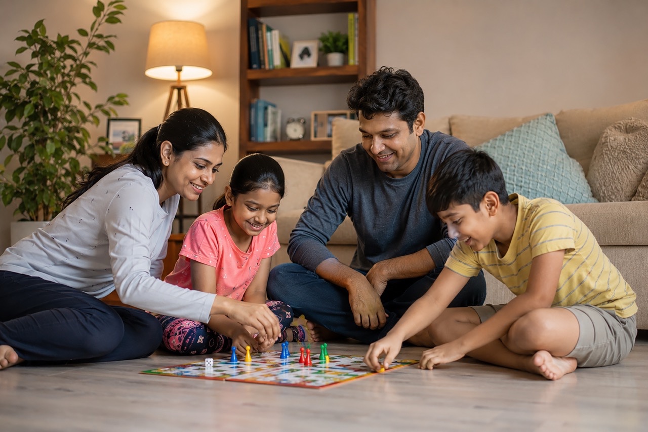 Happy Indian Family Playing Board Game Together in Modern Living Room  Large