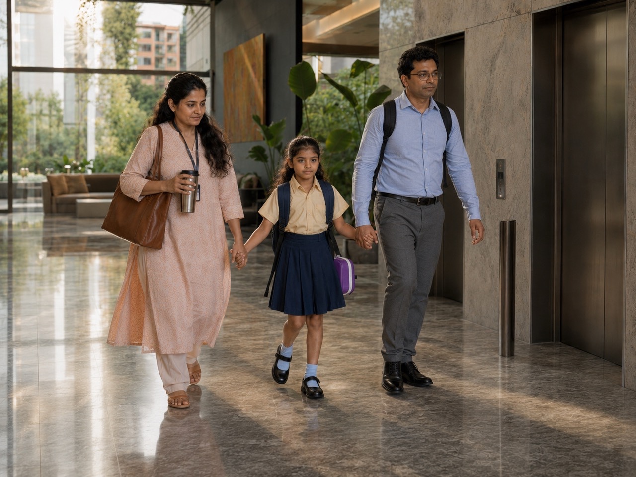 Indian Family Walking Through Apartment Lobby on School Morning | Royalty-Free image | Pixlaris