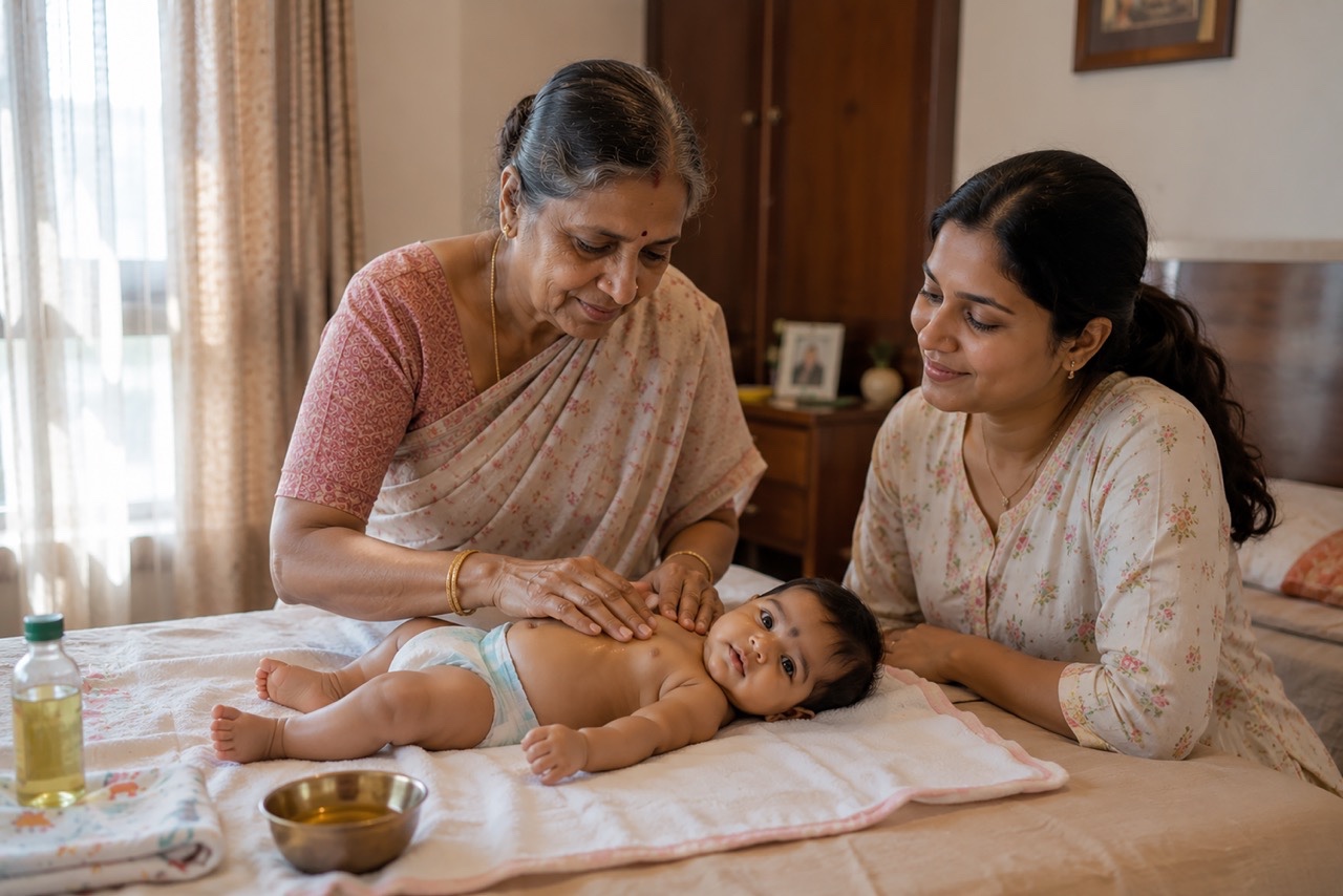 Grandmother Giving Traditional Baby Oil Massage with Mother Beside | Royalty-Free image | Pixlaris