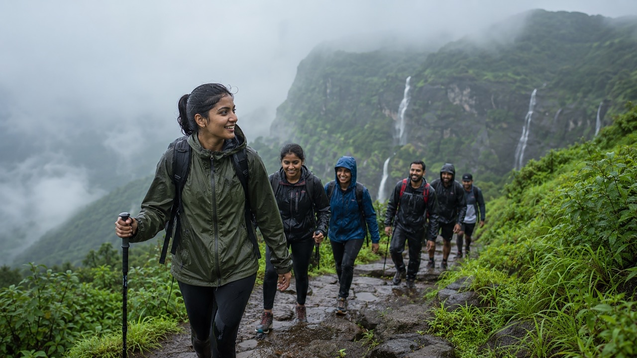 Group of Friends Trekking During Monsoon Near Waterfalls | Royalty-Free image | Pixlaris