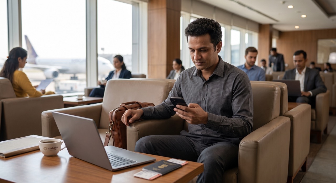 Indian Business Traveler Working from Airport Lounge Before Flight Departure Large
