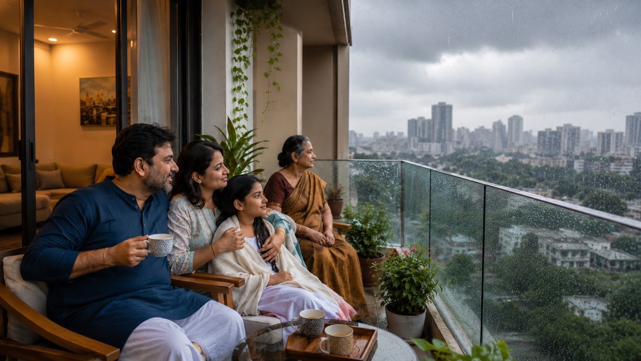 Indian Family Enjoying Rainy City View from Apartment Balcony | Royalty-Free image | Pixlaris