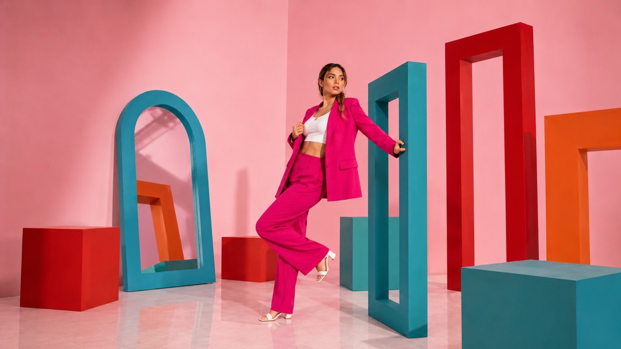 Fashion Model Leaning on Teal Frame | Royalty-Free image | Pixlaris