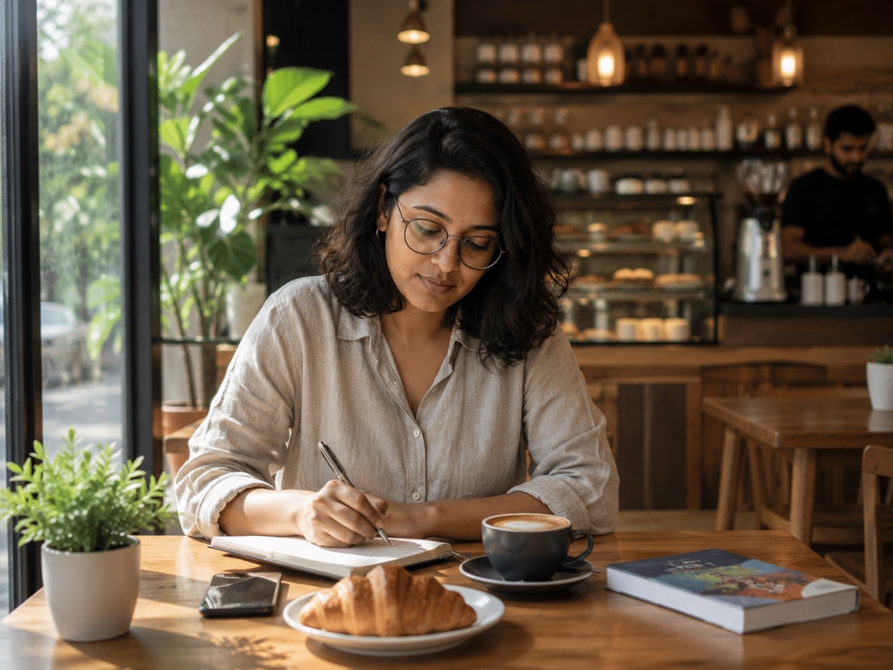 Indian Woman Writing in Cozy Café with Coffee and Notebook | Royalty-Free image | Pixlaris